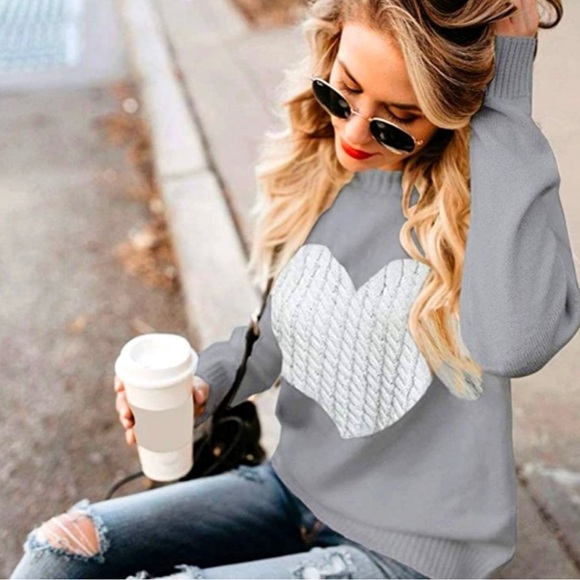 NEW Grey with White Heart Pull-Over Sweater (brand new in bag) size Medium - Picture 1 of 7